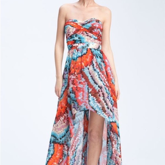 Aidan Mattox Hi Low Feather Print Strapless Chiffon Maxi Dress, size 4 - Picture 10 of 15